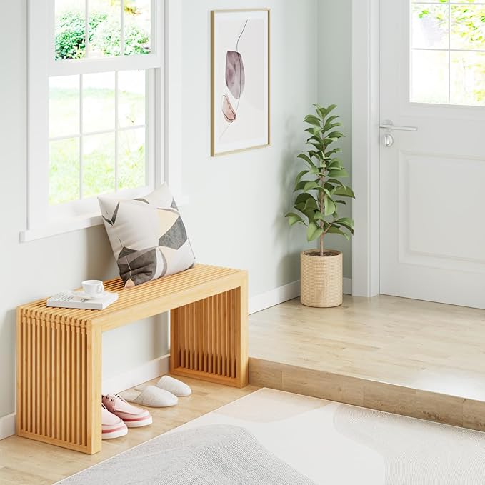 APRTAT Bamboo Dining Bench Indoor Long Entryway Shoe Rack Benchs,Outdoor Modern Wood Benches 35 Inch Bamboo Bench for Living Room Hallway Bedroom Bathroom