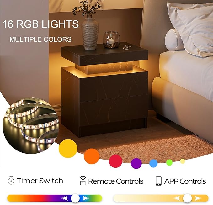 Night Stand Side Table for Bedroom with Drawer Nightstand with Led Lights Modern End Tables for Bedroom Black
