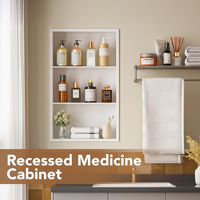 14x24 Recessed Medicine Cabinet, Bathroom Wall Cabinet, 304 Stainless Steel Recessed Wall Niche with 3-Tiers Shelves, Matte White