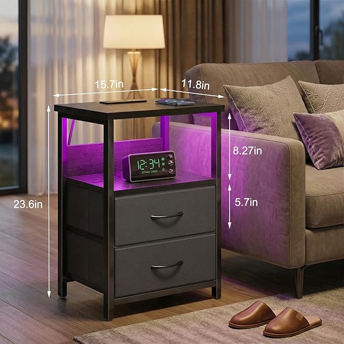 Fixwal Night Stand with Charging Station, LED Nightstand with U-S-B Ports and Outlets for Small Spaces, 2 Fabric Storage Drawers, Bedside Table End Tables Bedroom Decor, Modern Black