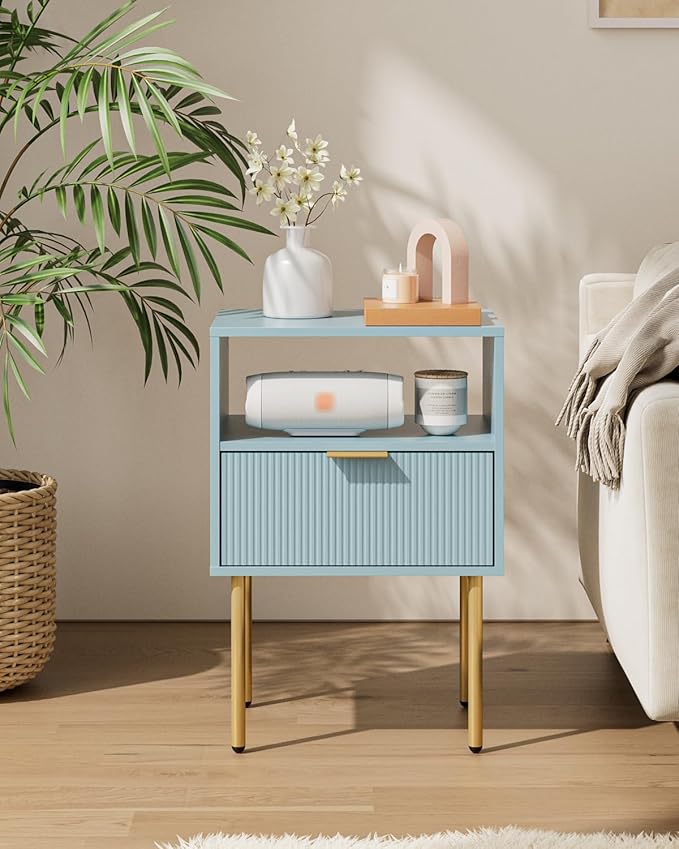 Aienvey Night Stand, Modern Nightstand with Drawers, Bedside Table, Gold Small Side Table for Bedroom, Living Room End Table (Blue Stripe, 1 Drawer)