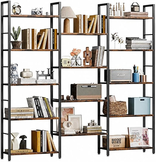 Shintenchi Triple 5 Tier Bookshelf, Industrial Large Bookcase with 14 Open Display Shelves, Large Etagere Bookshelf,Wide Book Shelf Book Case for Home & Office, Brown