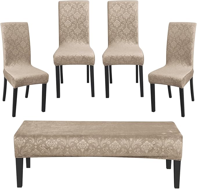 FORCHEER Kitchen Chair seat Cover Set 4 and Bench Cover Set Velvet Flower Pattern Anti-Dust Removable Seat Protector for Dining Room- 4 PCS Chair Cover+1 PC Bench Cover(Camel)