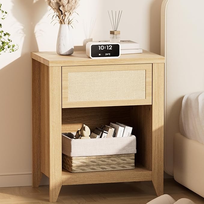 Boho Nightstands Set of 2, Farmhouse Night Stand Bedside Table with Drawer and Storage Shelf Rattan End Tables Side Tables for Bedroom Sofa Couch Office,Small Space, Oak
