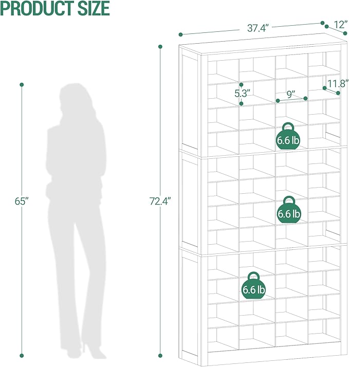 Hzuaneri Shoe Storage Cabinet, 48 Pairs Free Standing Closet Organizer, 9 inch Widened Cell Wood Shoe Organizer, 12 Tiers Vertical Space Saving Shoe Rack for Entryway, Cloakroom, White SR39603X