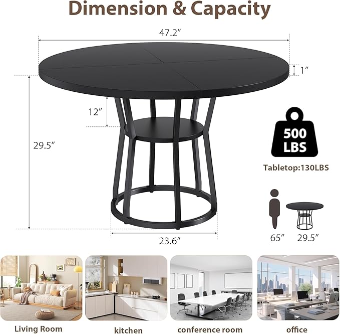 GarveeHome 47 Inch Round Dining Table with Storage Shelf, Farmhouse Circle Kitchen Table for 4-6, Space-Saving Wood Top, Metal Legs, for Kitchen, Dining & Living Room, Apartment, Table Only-Black