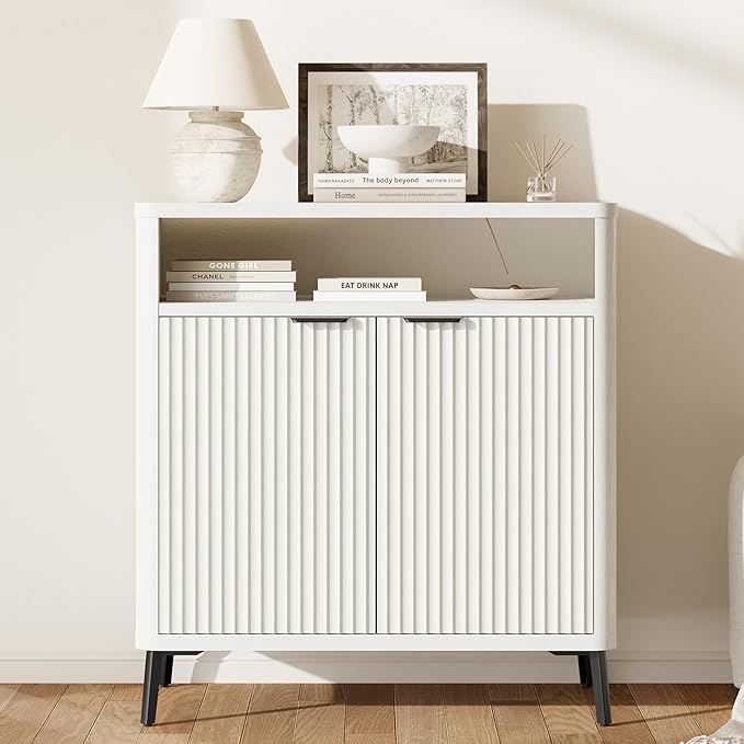 Fatmok Fluted Buffet Cabinet with Storage, 31.4" Wide Wood Sideboard Credenza with 2 Doors & Open Storage Shelf, Modern Coffee Bar Table for Living Room Kitchen Dining Room,White