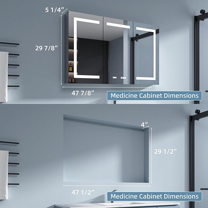 LED Medicine Cabinet Mirror, 48x30 Inch Bathroom Storage, Recessed/Wall Mount, Plug-in/Hardwired, 3 Color Dimmable Light, Anti-Fog, Time Temp Display
