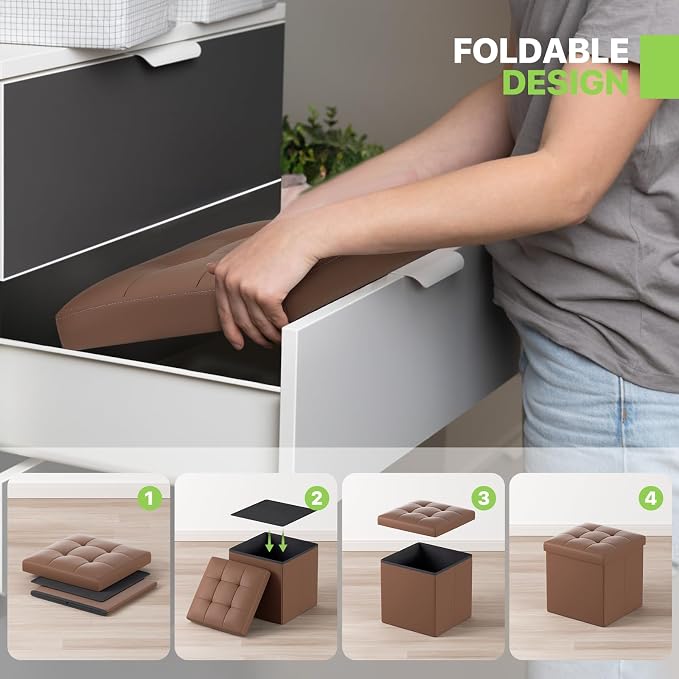 Magshion Small Folding Storage Ottoman Cube, 15 Inches PU Leather Footrest Stool, Square Ottoman with Storage for Entryway, Living Room, Bedroom, Brown