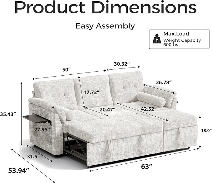Convertible Sleeper Sofa Bed, 63 Inch Chenille Pull Out Couch with Side Table & Adjustable Backrest, Sectional Sleeper Sofa with Pull Out Bed for Living Room, Apartment, Beige