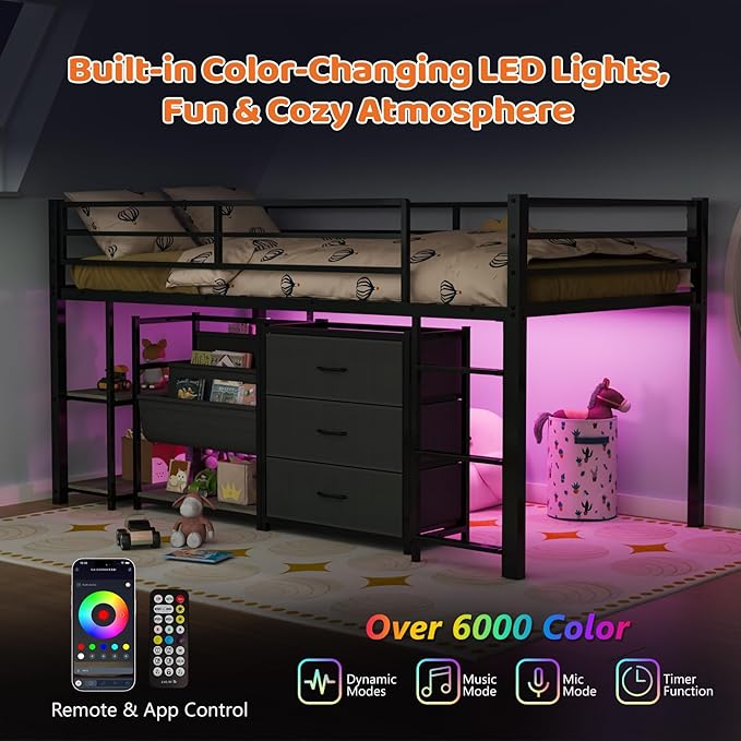 JOYMOR Low Loft Bed Twin Size with 3 Storage Drawers, 2 Tier Storage Shelves, 2 Tier Bookcase and LED Lights, Metal Kids Loft Bed with Safety Guardrail, Spave Saving Design (Black)