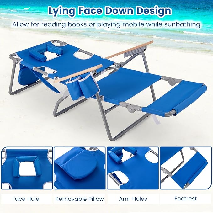 Goplus 3-in-1 Foldable Beach Chair, Lay-Flat Tanning Chair with Face and Arm Holes, Footrest, 330 lbs Heavy-Duty Portable Reclining Lounge Chairs for Outside, Camping, Patio, Poolside, Lawn (2,Navy)