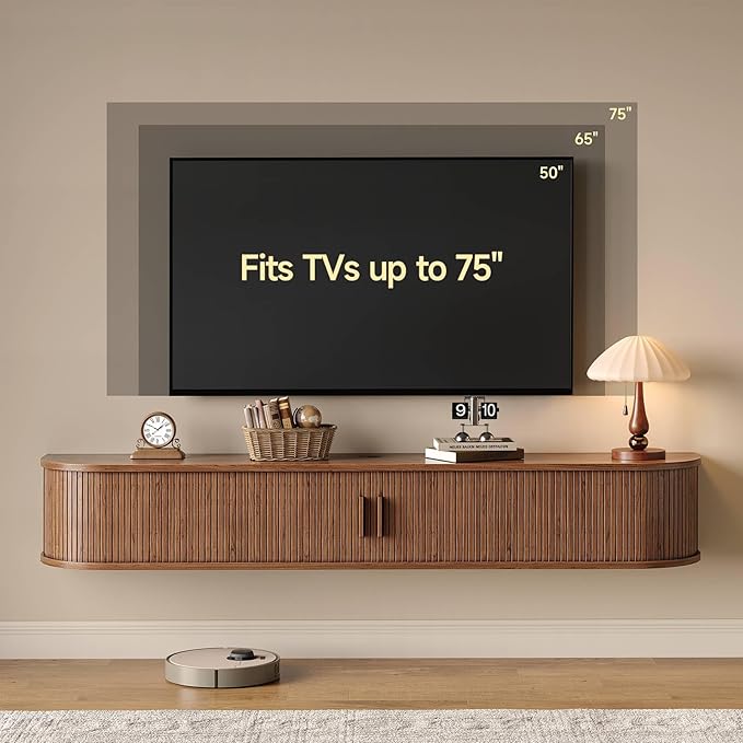 63" Floating TV Stand with Power Outlet for TVs up to 75", Fluted Entertainment Center with Remote Control for LED Lights, Mid-Century Modern TV Console w/Sliding Door for Living Room, Bedroom Walnut