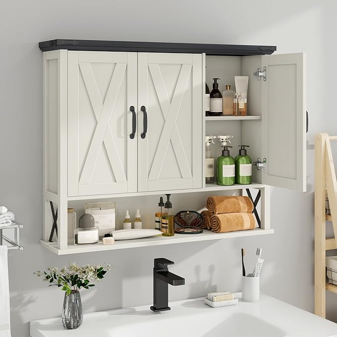 Halitaa Bathroom Wall Cabinet, Farmhouse Medicine Cabinet with Adjustable Wood Shelf & 3 Doors, Over The Toilet Storage Cabinet for Wall Mounted for Bathroom Laundry Room Kitchen, White and Black