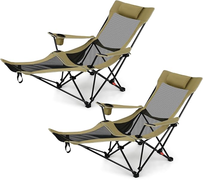 Tangkula Reclining Camping Chair, 2 in 1 Porable Folding Lawn Chair with Removable Footrest, 4-Position Adjustable Backrest, Cup Holder & Side Pocket, Carry Bag (2, Green)