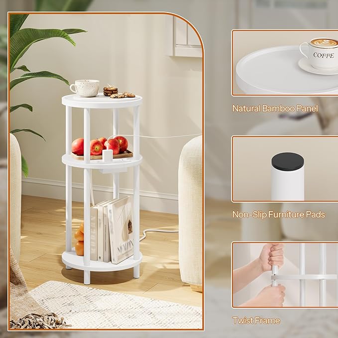 HOOBRO Small Round Side Table with Charging Station, 3-Tier Round Bamboo End Table, Compact Sofa Bedside Table for Small Space, Easy Assembly, for Living Room, Bedroom, Apartment, White WT152UBZ01