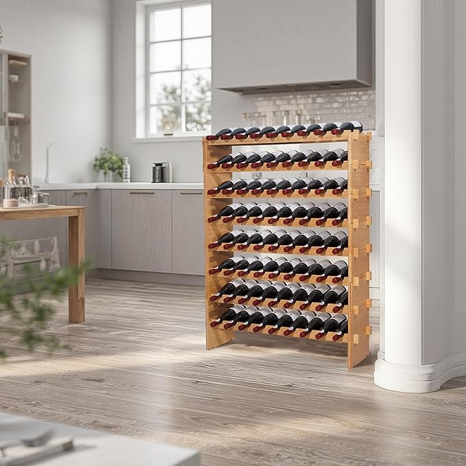 VEVOR 72 Bottle Stackable Modular Wine Rack, 8-Tier, Floor Freestanding Wine Storage Rack, Sturdy Wines Holder Display Shelf, Wobble-Free Shelves, Easy Assembly, for Kitchen, Cellar, and Bar, Natural