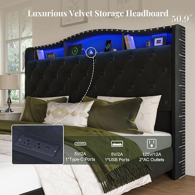 Belffin Queen Size Bed Frame and Headboard, 50.9" Velvet Upholstered Wingback Bedframe with LED Lights & Storage/Charging Station, Button Tufted Tall Footboard, No Box Spring Needed, Noise-Free, Black