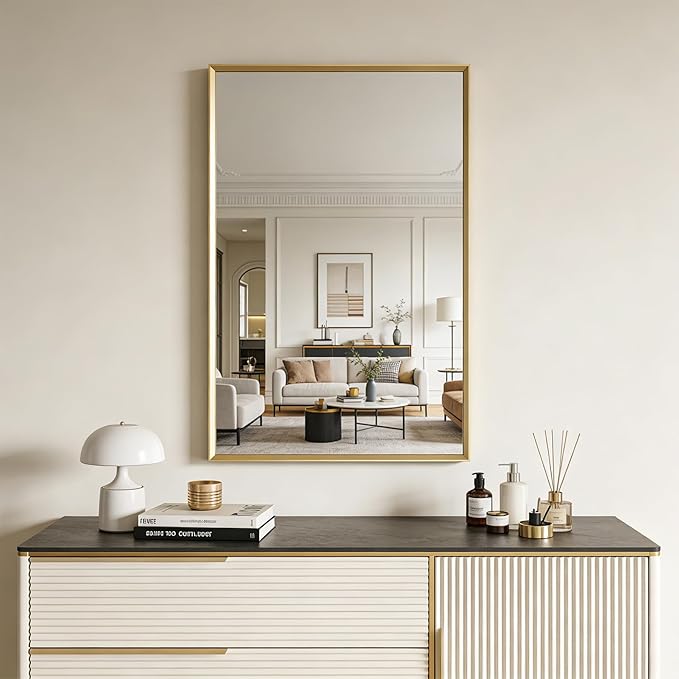 Bathroom Mirror for Wall, 20x30 Inch Metal Framed Mirror, Brushed Gold Rectangle Mirror, Bathroom Vanity Mirror Farmhouse, Tempered Glass, Anti-Rust, Hangs Horizontally or Vertically