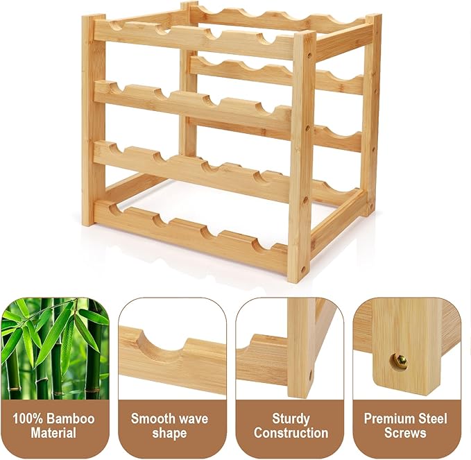Bamboo Wine Rack, 4-Tier 16 Bottles Wine Storage Cabinet Shelf, Easy-Assembly Freestanding Bamboo Wine Racks Countertop for Kitchen Pantry Dining Room Bar, Natural