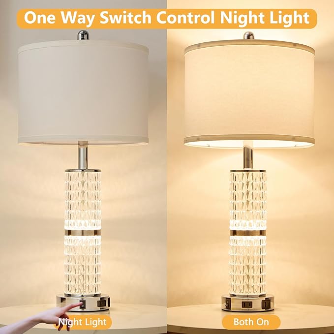 SAIWEYA Crystal Table Lamps Modern 3-Way Dimmable Bedside Lamp with 2 USB Ports & AC Outlets for Living Room Bedroom Nightstand Lamp Night Light