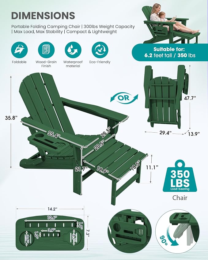 SERWALL Folding Adjustable Adirondack Chair with Footrest, HDPE Outdoor Chair with 4-in-1 Cup Holders, All Weather Adirondack Chair with Ottoman, Green