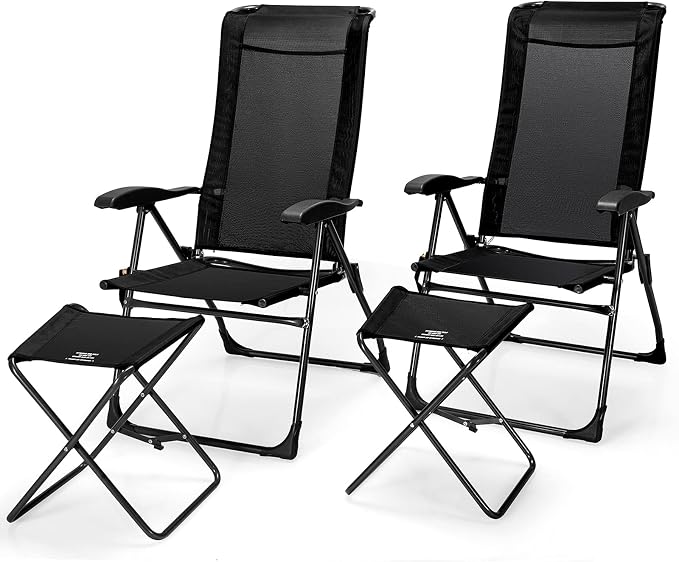 Giantex 4 Pcs Folding Patio Chairs with Footrest, Adjustable Back, 2 Pack Outdoor Portable Sling Patio Dining Chairs for Camping Lawn Bistro Porch Garden Yard Pool, Black