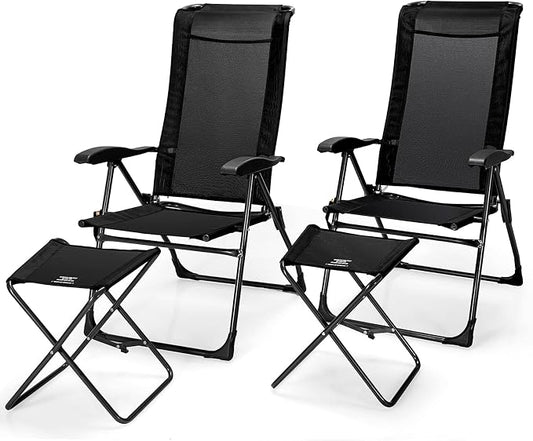 Giantex 4 Pcs Folding Patio Chairs with Footrest, Adjustable Back, 2 Pack Outdoor Portable Sling Patio Dining Chairs for Camping Lawn Bistro Porch Garden Yard Pool, Black