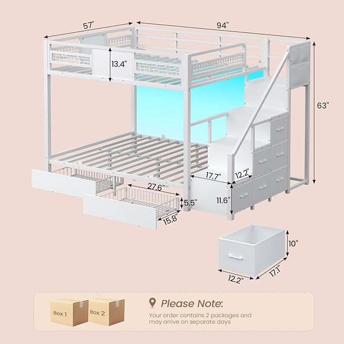 BTHFST Bunk Bed Full Over Full with Stairs, LED Lights Full Bunk Beds with 2 Storage Drawers & 6 Fabric Drawers, Metal Full Loft Beds with Safety Guardrail & Stairs, Space Saving, White