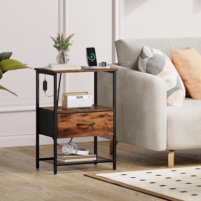 Somdot Nightstand with Charging Station and LED Light for Bedroom, Bedside Table End Table for Dorm Guest Room Bedside Kids Laundry Closet Entryway Hallway, Wood Grain Print