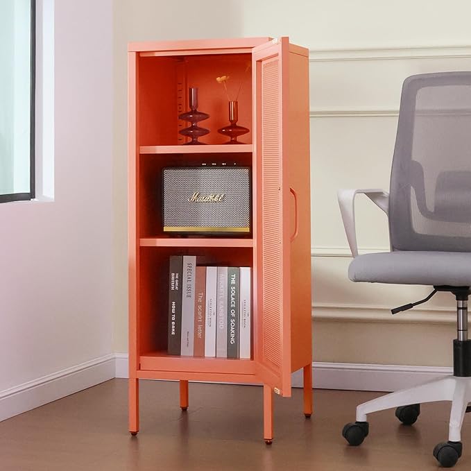 Slim Metal Storage Cabinet with Mesh Doors - 42'' Tall Narrow Organizer Tower, Compact Freestanding Cabinet, Versatile Utility Storage for Home, Office, Kitchen, Living Room, Durable and Modern Design