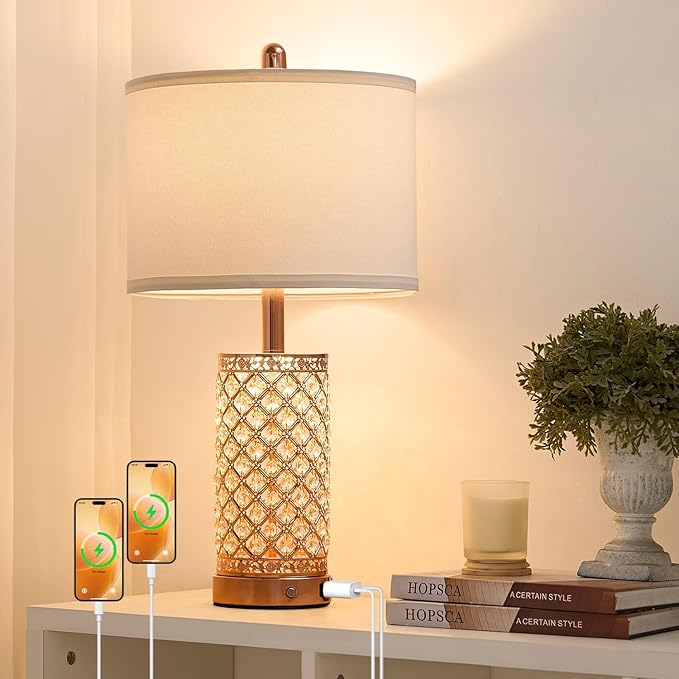 SAIWEYA Crystal Table Lamps Modern 3-Way Dimmable Bedside Lamp with 2 USB Ports & AC Outlets for Living Room Bedroom Nightstand Lamp Night Light (Rose Gold-2 Pack 24In)