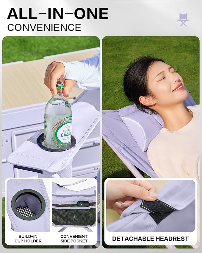 MOBI GARDEN Reclining Camping Chair with Foot Rest, 4-Position Adjustable Folding Lounge Chair for Adults, Portable & Detachable Footrest, Lavender
