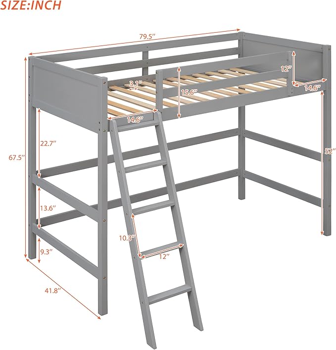 Merax Twin Size Junior Loft Bed with Slide Wood Loft Bunk Bed for Girls Boys,Space Saving Gray