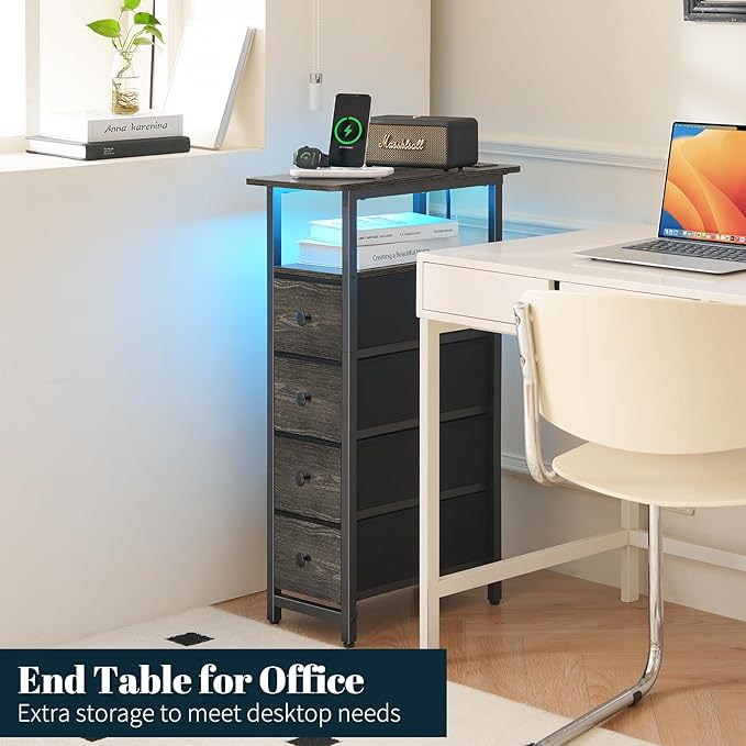Yoobure LED Narrow Nightstand with Charging Station - Slim Dresser for Bedroom Narrow Side Table Storage Cabinet, Small Dressers Chest of Drawers, Tall Skinny Night Stand End Table for Small Spaces