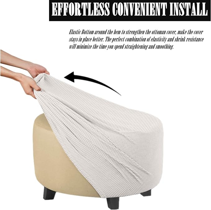 Stretch Ottoman Slipcover – Round Furniture Protector Fits 30"-41" Dia, for Footrests, Storage Ottomans & Folding Stools – Elastic Fabric Cover (White, X-Large)