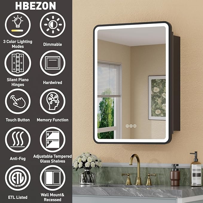 20 x 28 Inch Recessed Medicine Cabinet Mirror with Lights, Wall Mounted LED Bathroom Mirror Cabinet, Dimmable, Anti-Fog, Memory Function, 3 Color Modes, Adjustable Shelf, ETL Certified, Black