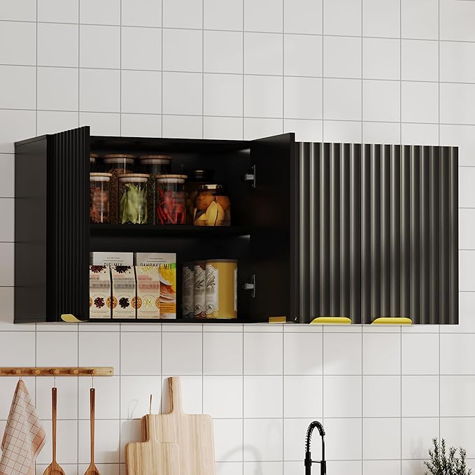 ChooChoo 4 Doors Wall Cabinet Laundry Room, Bathroom Wall Cabinet with Adjustable Shelf, Fluted Wall-Mounted Medicine Cabinet, Storage Cabinet for Kitchen, Garage, Black
