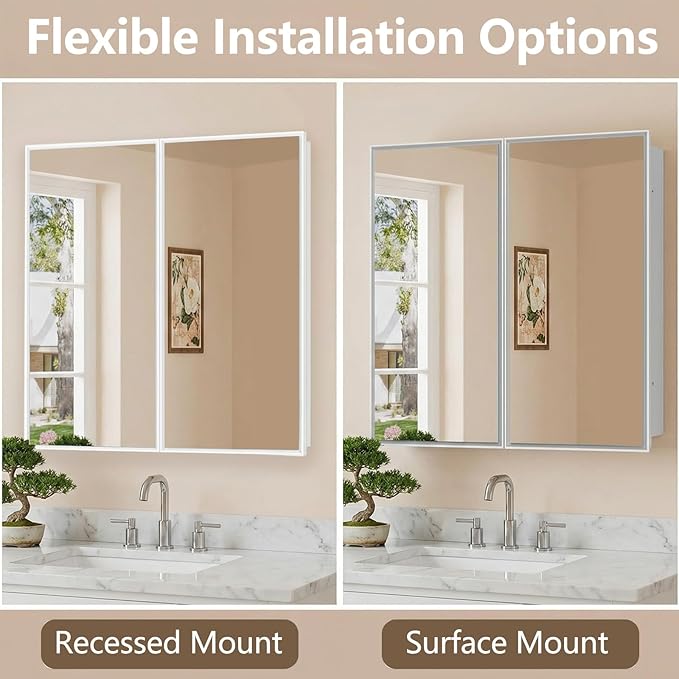 26 x 32 Inch Bathroom Medicine Cabinet with Double Mirror Doors, Recessed or Surface Mount Wall Cabinet for Bathroom, Plastic Frame & Removable Glass Shelves