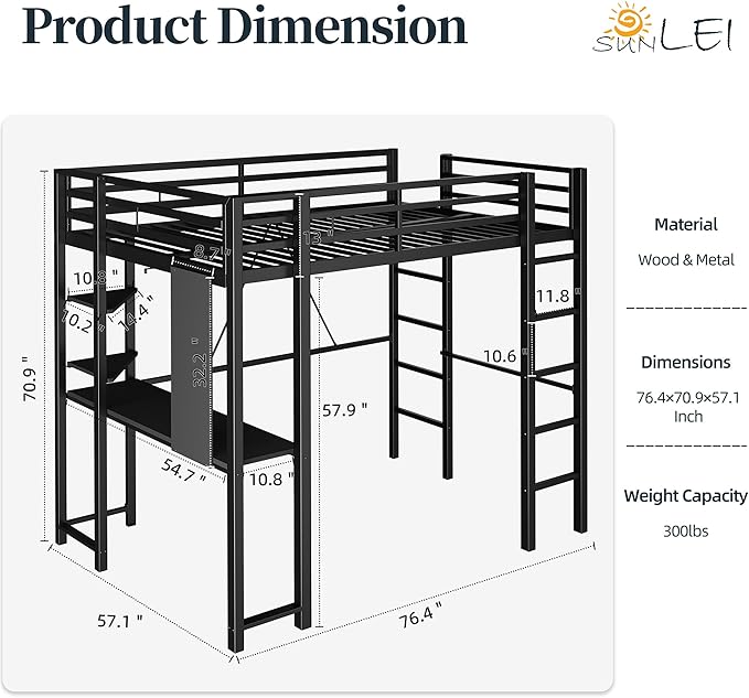 SUNLEI Loft Bed with Desk, Metal Loft Bed Full Size with 2 Built-in Ladders, Space-Saving Bed Frame, with Safety Guard, Noise Free for Small Bedroom, (Full Size) Black