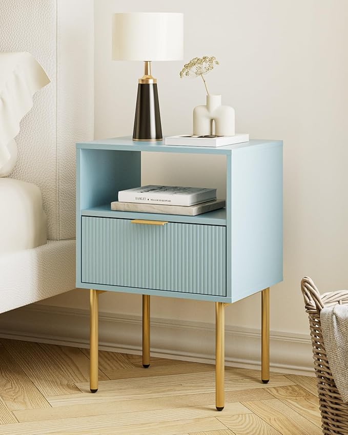 Aienvey Night Stand, Modern Nightstand with Drawers, Bedside Table, Gold Small Side Table for Bedroom, Living Room End Table (Blue Stripe, 1 Drawer)
