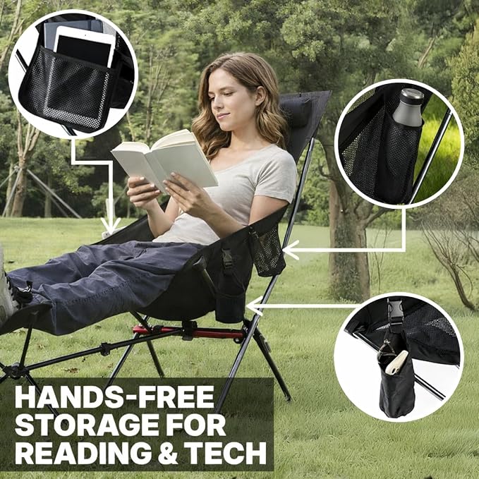 MHM Portable Camping Chair with Footrest, High Back Reclining Lightweight Folding Chair with Cup Holder, Storage Pocket & Carry Bag for Camping, Beach, Backpacking, Outdoor