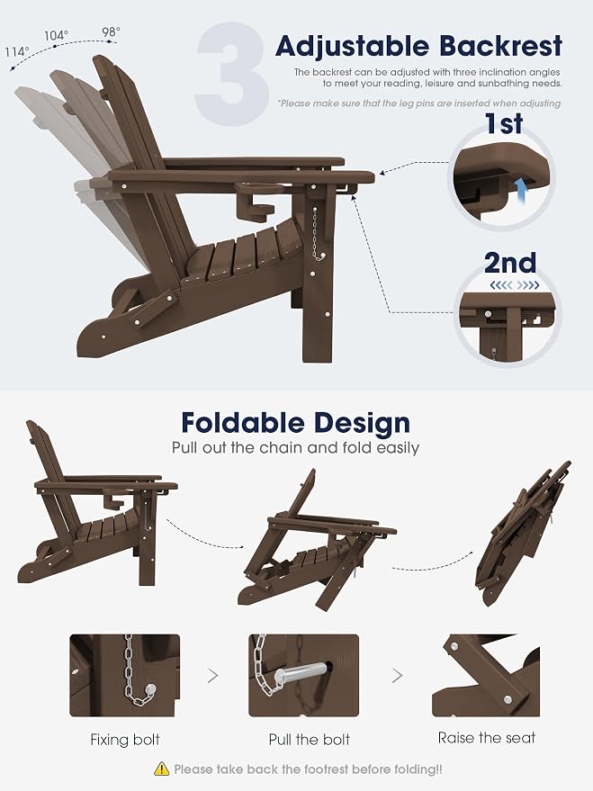 KINGYES Folding Adjustable Adirondack Chair with Ottoman Set of 2, HDPE Adirondack Recliner Chair with Footrest, Coffee