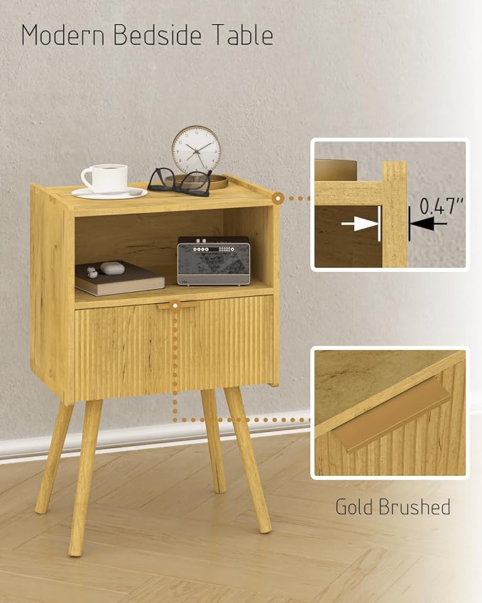 JOONEE Nightstand,Modern Bedside Table with Storage Drawer and Open Wood Shelf, for Living Room, Bedroom and Small Spaces, Accent Night Stand with Solid Wood Legs, Easy Assembly,Vintage Yellow Oak