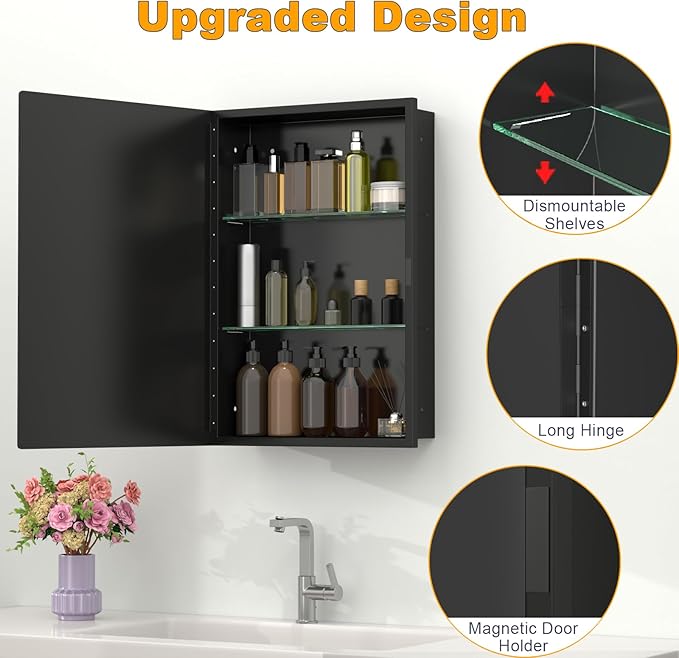 15"x20" Black Medicine Cabinet Mirror, Recessed & Surface Mount Medicine Cabinets for Bathroom, Tempered Glass Mirror + Full Metal Storage Cabinet, 2 Stable and Removable Shelves, Left or Right Open