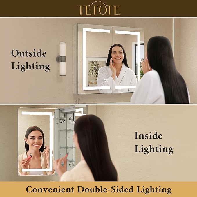 TETOTE 48 x 32 Lighted Medicine Cabinet with LED Lights, 3 Door Recessed or Wall Mount Bathroom Cabinet, Led Vanity Cabinet Mirror, Tempered Glass, Outlets & USB, Adjustable Shelf, 3-Color Lights