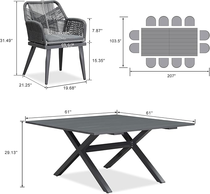 PURPLE LEAF 14 Pieces Outdoor Patio Dining Set All-Weather PE Rattan Furniture Set with All Aluminum Frame Rectangular Table and Chairs Set for 12 People Lawn Garden Backyard Deck, Grey