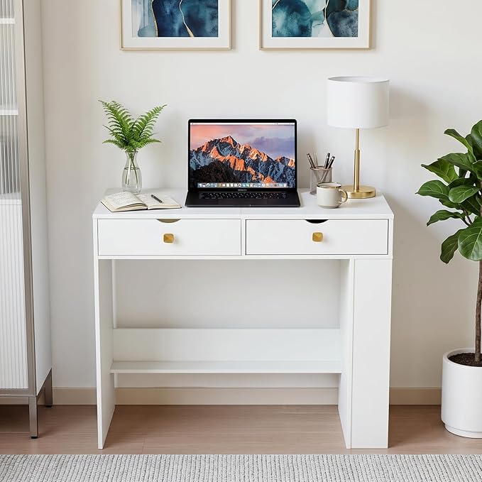 Vanity Desk with Flip Top Mirror,White Makeup Vanity Table with 3 Color Light and Brightness Adjustable, Side Organizer Small Vanity with Storage Compartment, Writing Desk for Bedroom