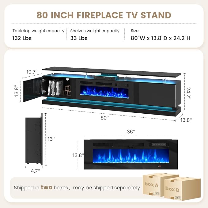 80 Inch Fireplace TV Stand, Modern Entertainment Center for TVs Up to 90", TV Console with Storage Cabinets, Media Console for Living Room, 80IN Black TV Stand and 36IN Black Fireplace