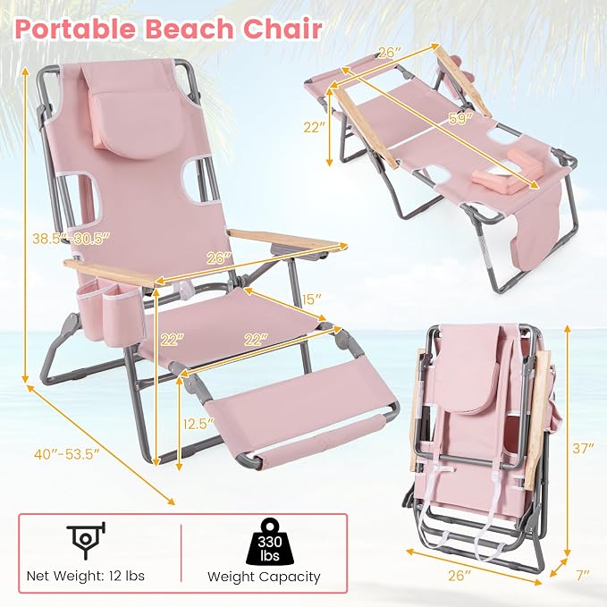 Goplus 3-in-1 Foldable Beach Chair, Lay-Flat Tanning Chair with Face and Arm Holes, Footrest, 330 lbs Heavy-Duty Portable Reclining Lounge Chairs for Outside, Camping, Patio, Poolside, Lawn (1,Pink)